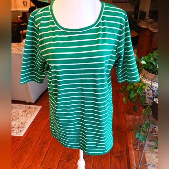 LuLaRoe Tops - LuLaRoe Classic T Green White Striped Scoop Neck Short Sleeve Top 2XL
